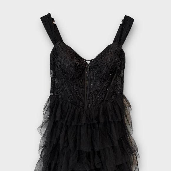 Blondie Nites "Charlotte" Long Mesh Off the Shoulder Ruffle Skirt Dress Size 13 - Picture 9 of 15